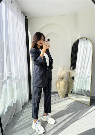 Çizgili Blazer Takım Lacivert