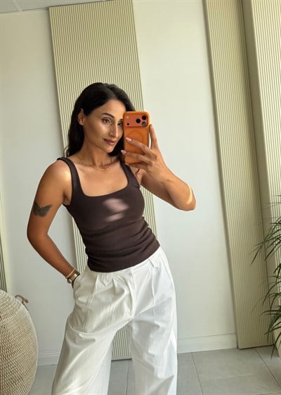 Dilvin Kalın Askılı Bluz Acıkahve
