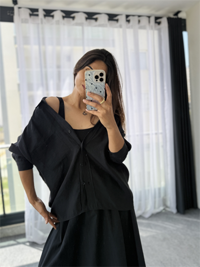 Düşük Omuzlu Oversize Tensel Gömlek Siyah