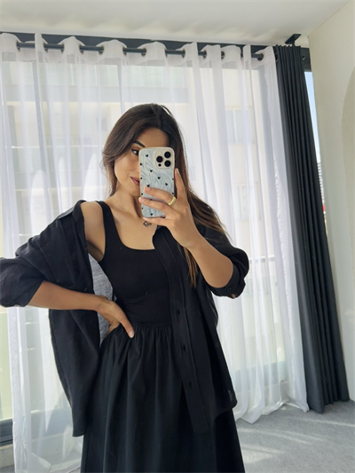 Düşük Omuzlu Oversize Tensel Gömlek Siyah