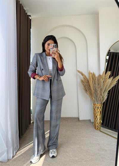 Ekose Oversize Blazer Takım Lacivert 