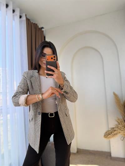 Ekoseli Kaşe Blazer Bej