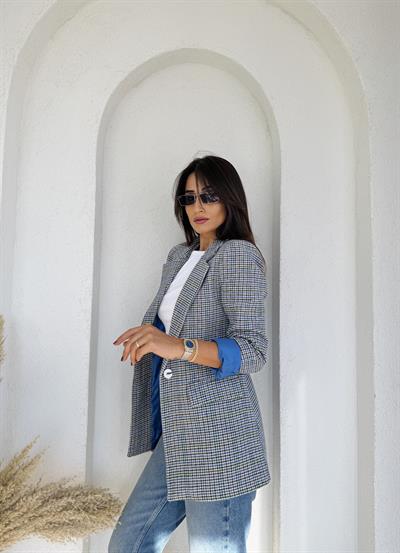 Ekoseli Kaşe Blazer Mavi