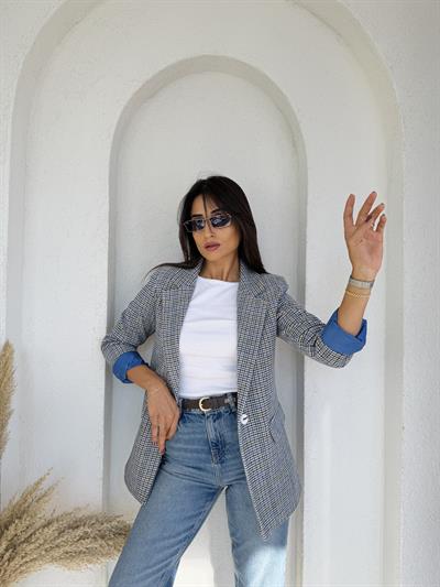 Ekoseli Kaşe Blazer Mavi