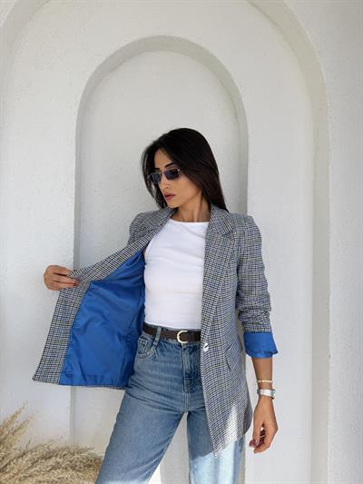 Ekoseli Kaşe Blazer Mavi
