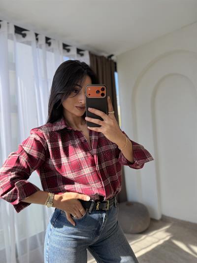 Ekoseli Taşlı Gömlek Bordo