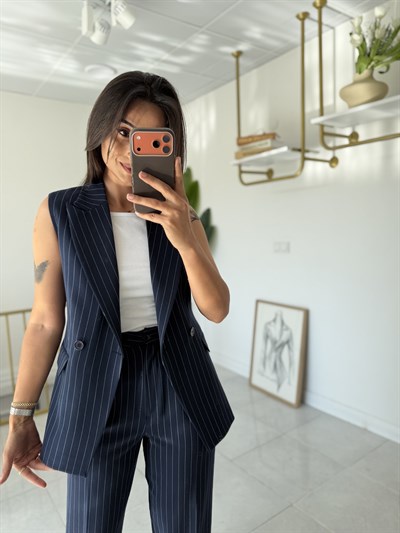 Feminen Çizgili Yelek Takım Lacivert 