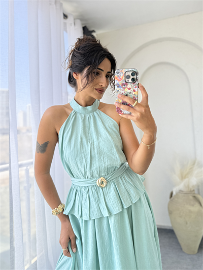 Halter Yaka Etek Takım Suyeşil