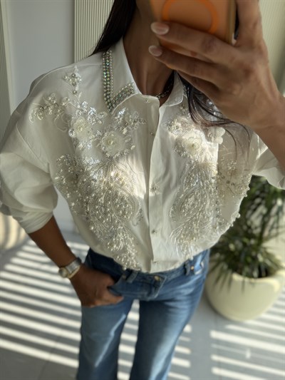 İnci ve Taş İşlemeli Oversize Gömlek
