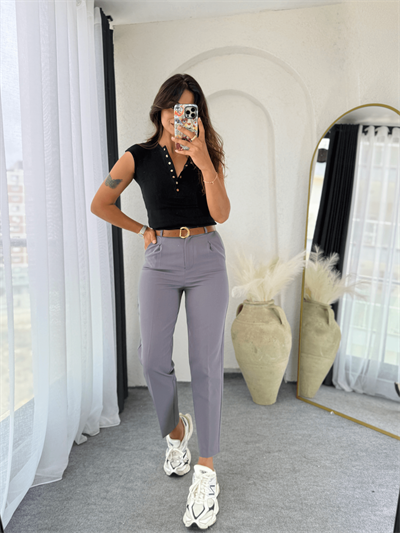 Kemerli Kumaş Pantolon Füme