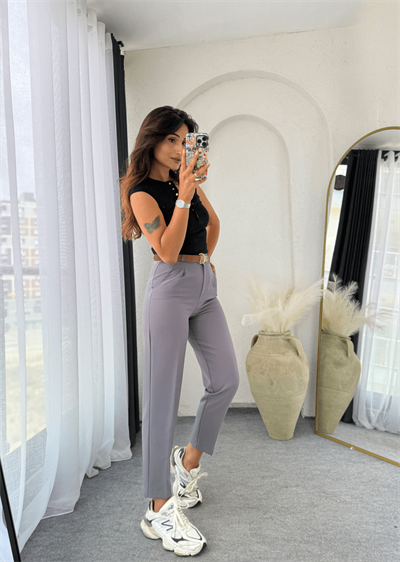 Kemerli Kumaş Pantolon Füme