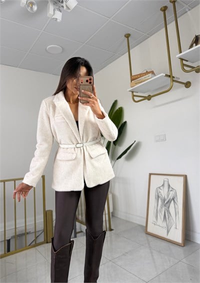 Kemerli Kürk Blazer Krem