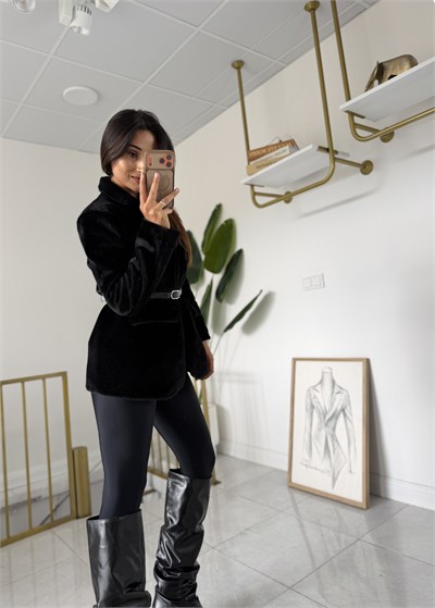 Kemerli Kürk Blazer Siyah