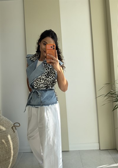 Leoparlı Kot Yelek