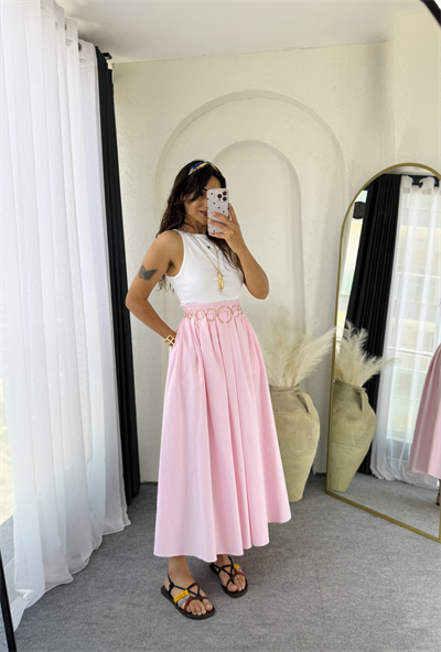 Poplin Kloş Etek Pembe