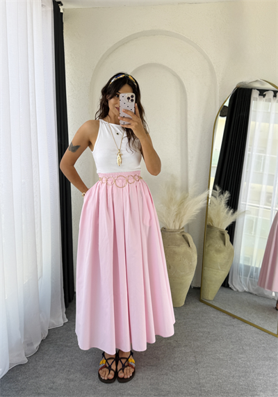 Poplin Kloş Etek Pembe