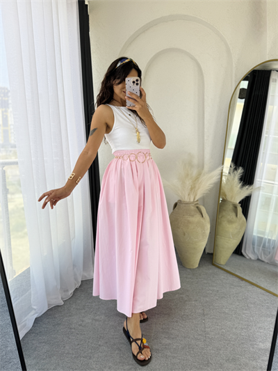 Poplin Kloş Etek Pembe