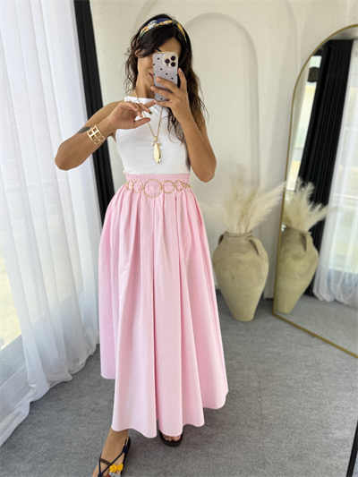 Poplin Kloş Etek Pembe