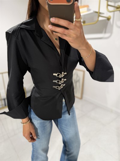 Rona Metal Tokalı Tasarım Gömlek Siyah 