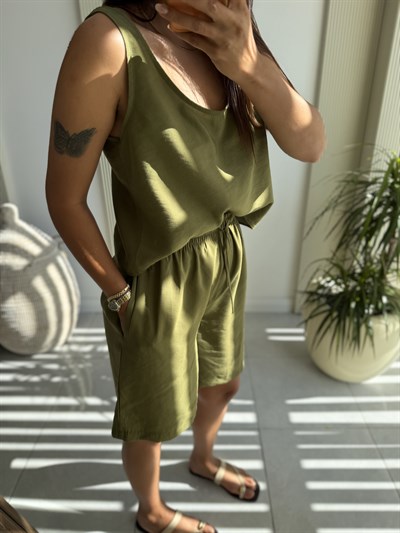 Şehirboy Tensel Şort Takım Yağyeşil