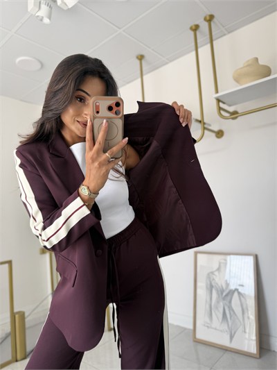 Şeritli Blazer Takım Mürdüm