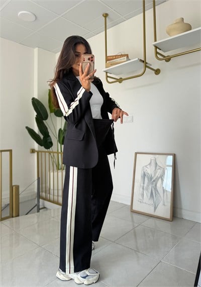 Şeritli Blazer Takım Siyah