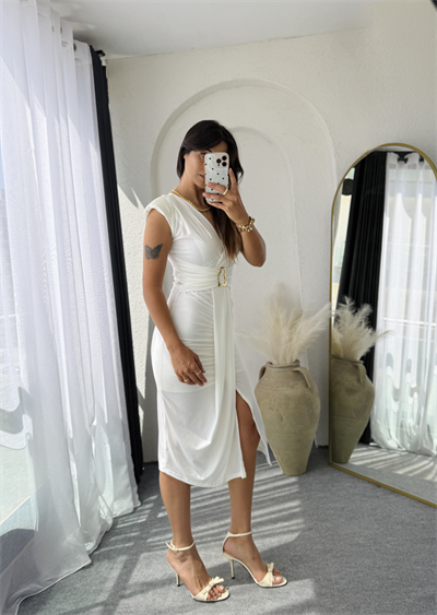 Vatkalı Drape Elbise Beyaz