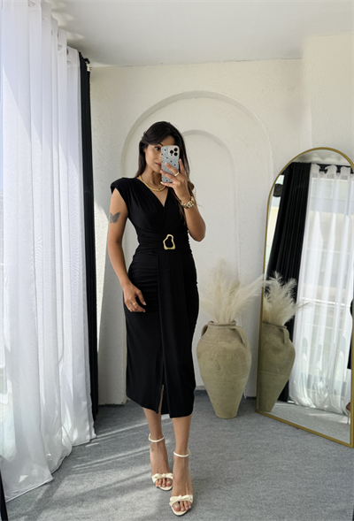 Vatkalı Drape Elbise Siyah