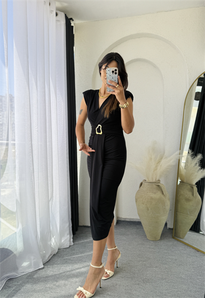 Vatkalı Drape Elbise Siyah