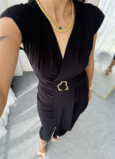 Vatkalı Drape Elbise Siyah