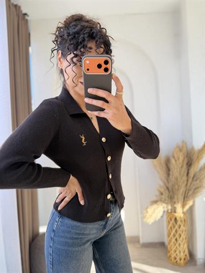Ysl Gold Düğmeli Dokuma Triko Hırka Acıkahve