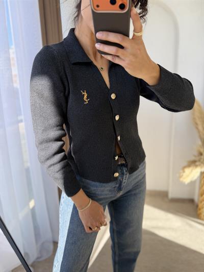 Ysl Gold Düğmeli Dokuma Triko Hırka Antrasit
