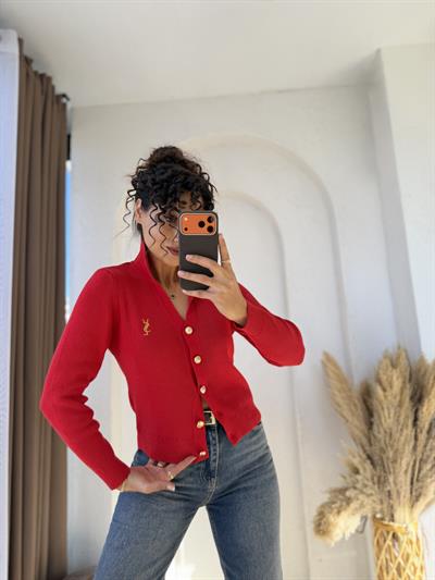 Ysl Gold Düğmeli Dokuma Triko Hırka Kırmızı