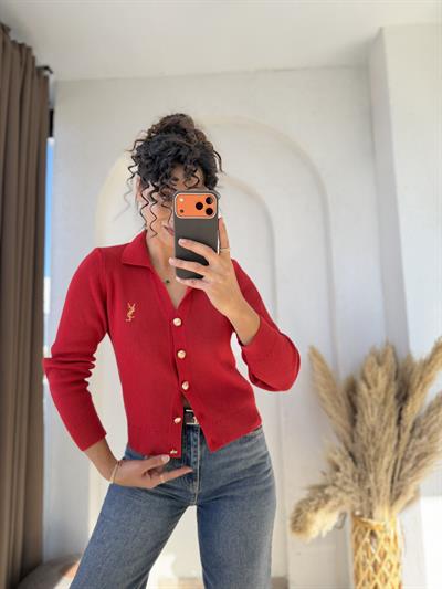 Ysl Gold Düğmeli Dokuma Triko Hırka Kırmızı