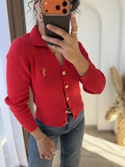 Ysl Gold Düğmeli Dokuma Triko Hırka Kırmızı