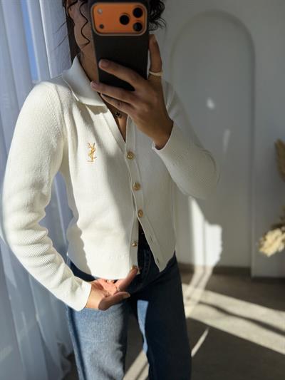 Ysl Gold Düğmeli Dokuma Triko Hırka Krem