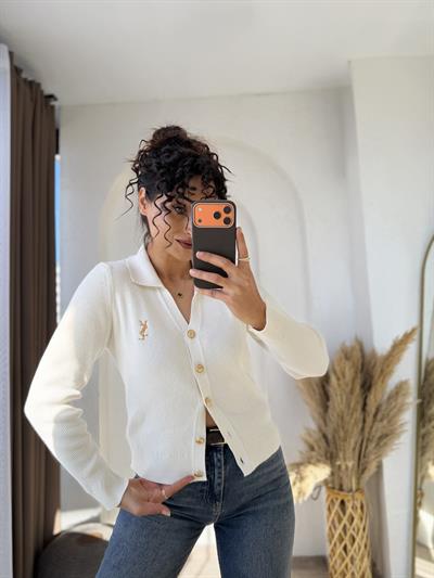 Ysl Gold Düğmeli Dokuma Triko Hırka Krem