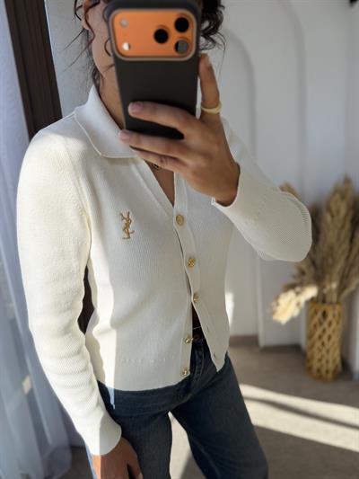 Ysl Gold Düğmeli Dokuma Triko Hırka Krem