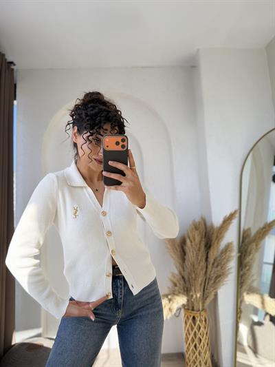 Ysl Gold Düğmeli Dokuma Triko Hırka Krem