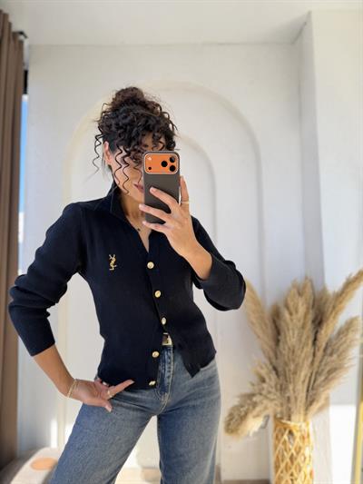 Ysl Gold Düğmeli Dokuma Triko Hırka Lacivert