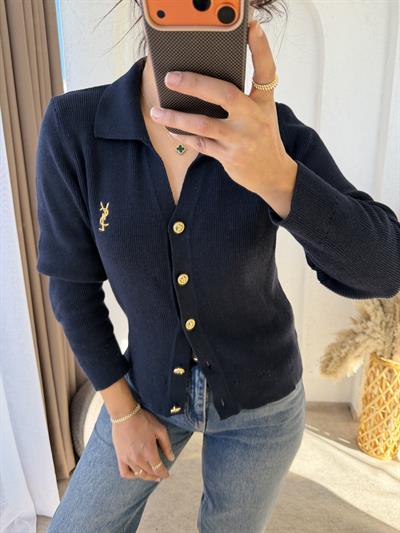 Ysl Gold Düğmeli Dokuma Triko Hırka Lacivert