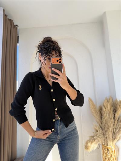 Ysl Gold Düğmeli Dokuma Triko Hırka Siyah