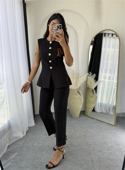 Zara Kloş Vatkalı Yelek Takım Siyah