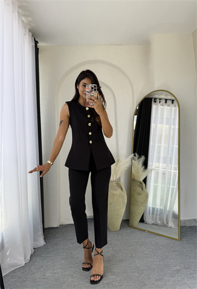 Zara Kloş Vatkalı Yelek Takım Siyah