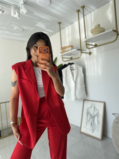 Zara Model Vatkalı Yelek Takım Kırmızı