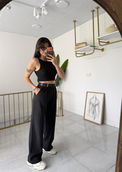 Zara Yan Kemerli Palazzo Siyah