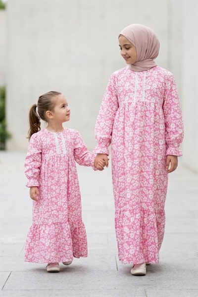 Kız Çocuk Tesettür Elbise - Pamuklu Viskon Zümra Model Tam Boy Pembe - Betül Akbay
