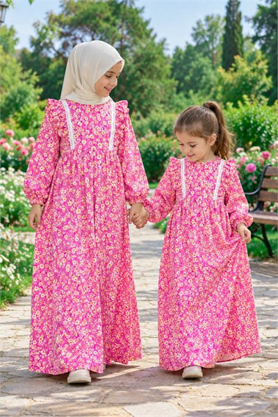 Kız Çocuk Tesettür Elbise - Ahsen Model Pamuklu Viskon Tam Boy Pembe - Betül Akbay