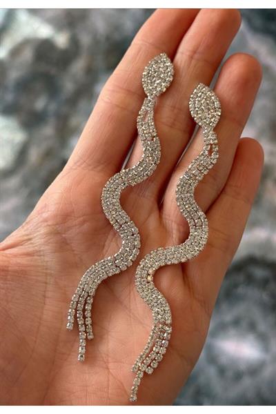 Kristal Taşlı Püsküllü Abiye Şık Küpe