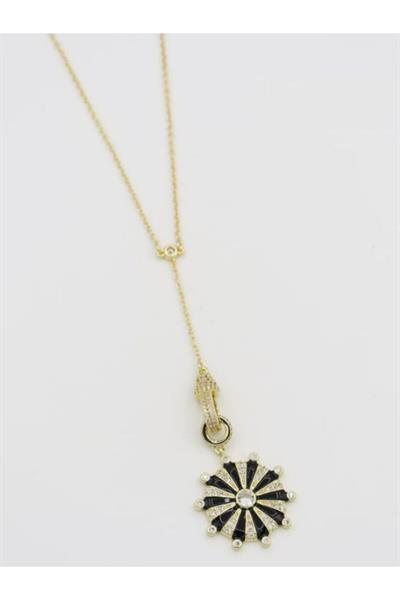 Siyah Yuvarlak Model Zirkon Taş Detay Gold Kolye
